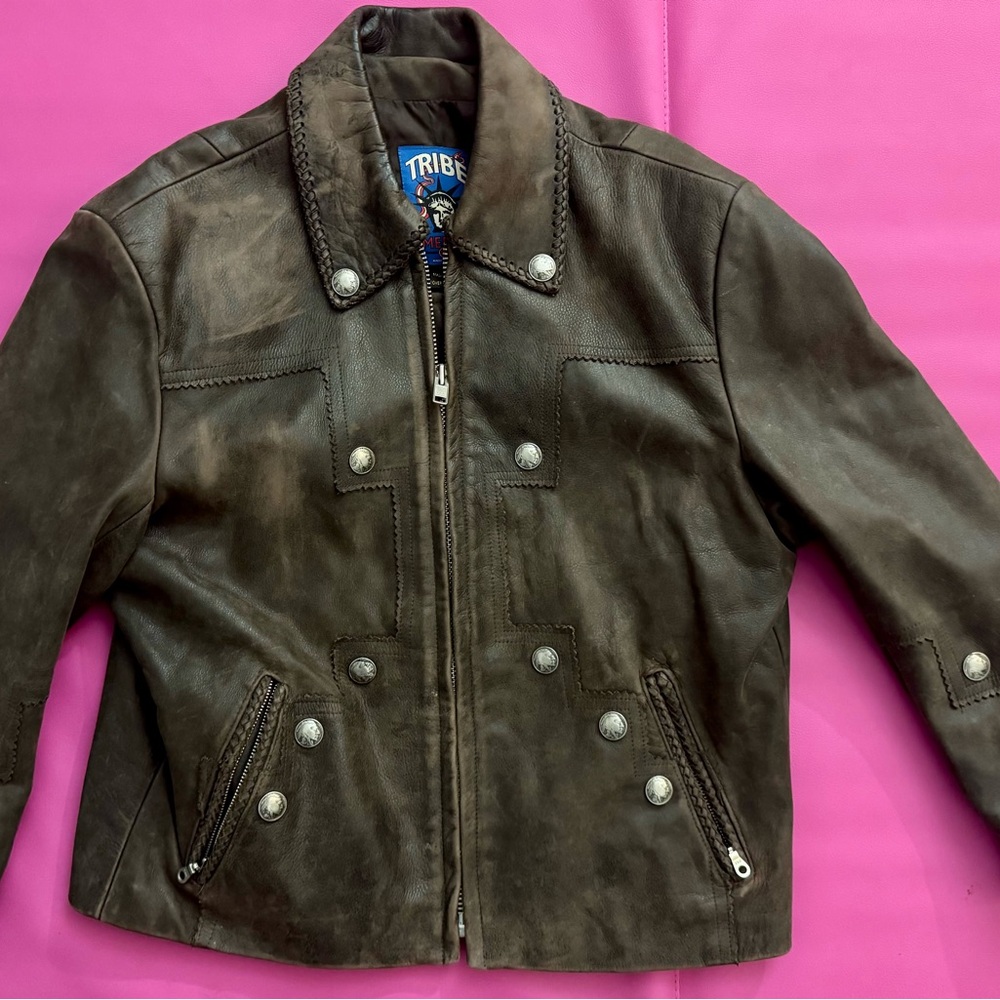 Tribe America Brown Leather Jacket with Silver Accents size 48